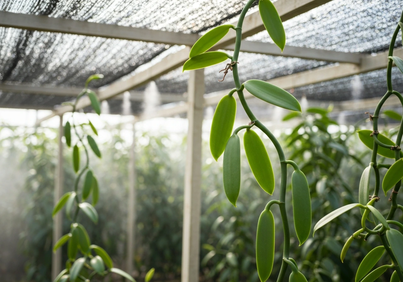Healthy green vanilla orchid vine with visible seed pods in a simple greenhouse shadehouse.