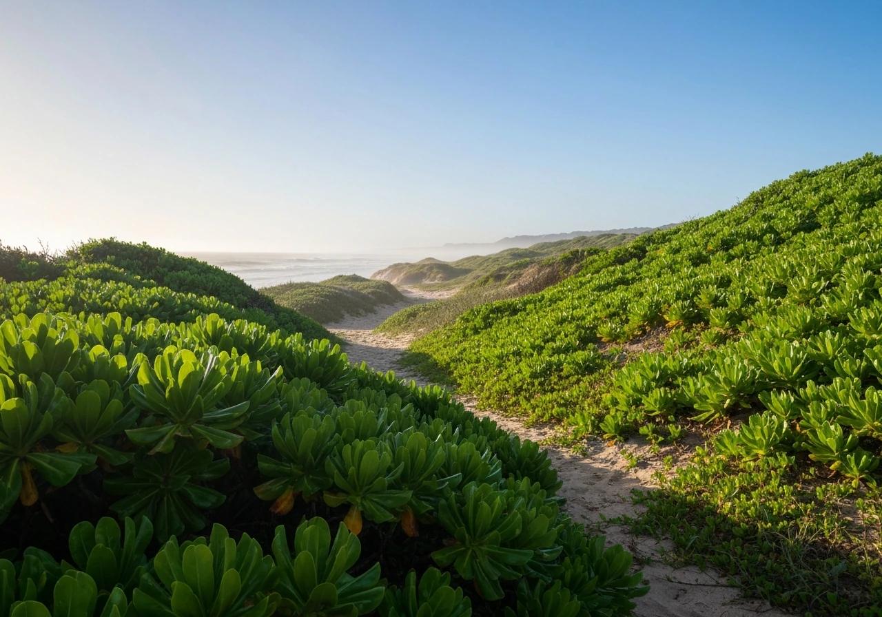 Sunlit coastal KwaZulu-Natal landscape with lush green vegetation and humid tropical atmosphere.