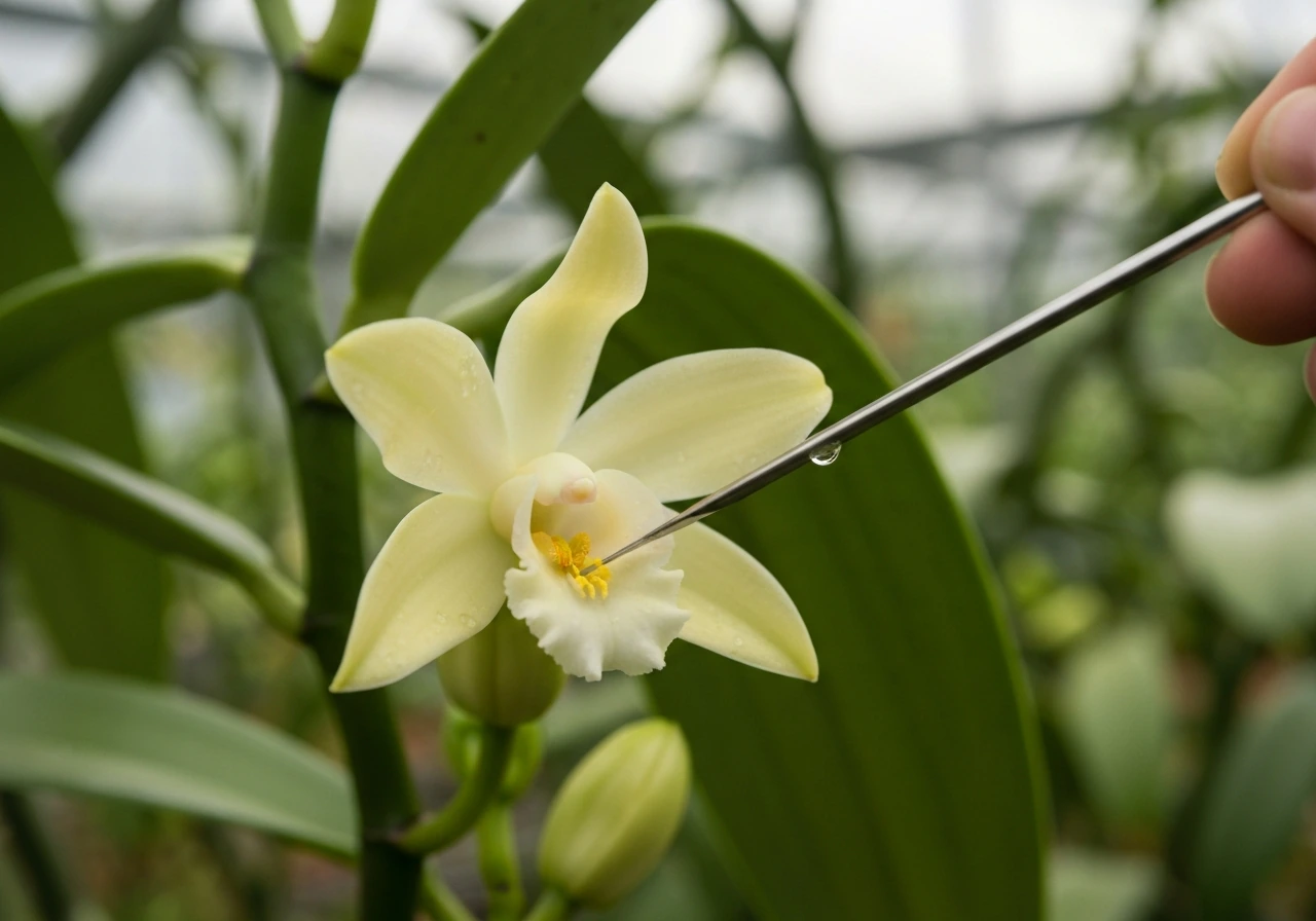 Close-up of vanilla flower being hand-pollinated with a small tool, showing pollination in progress.