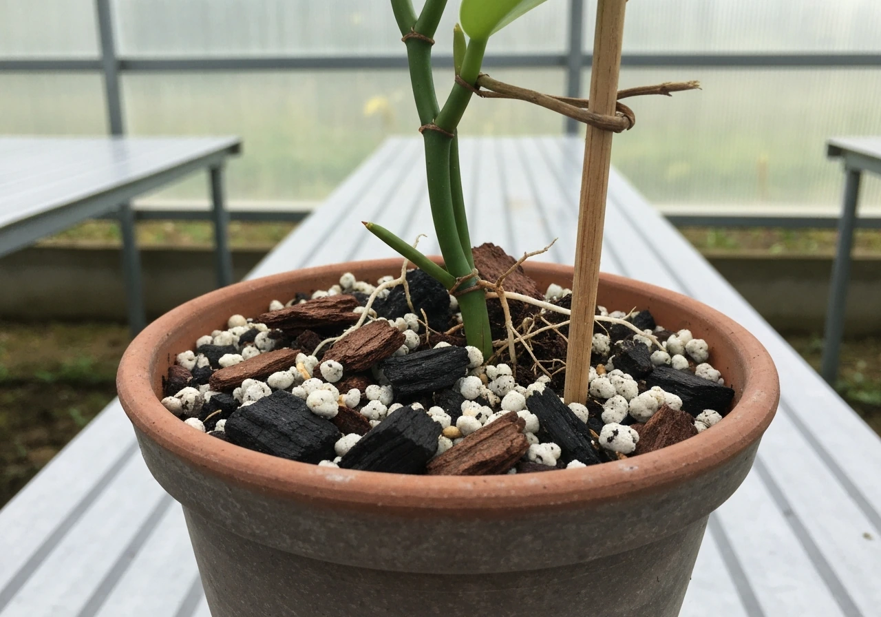 Vanilla vine in a pot on a bench with well-draining mix, showing airy bark and perlite for drainage.