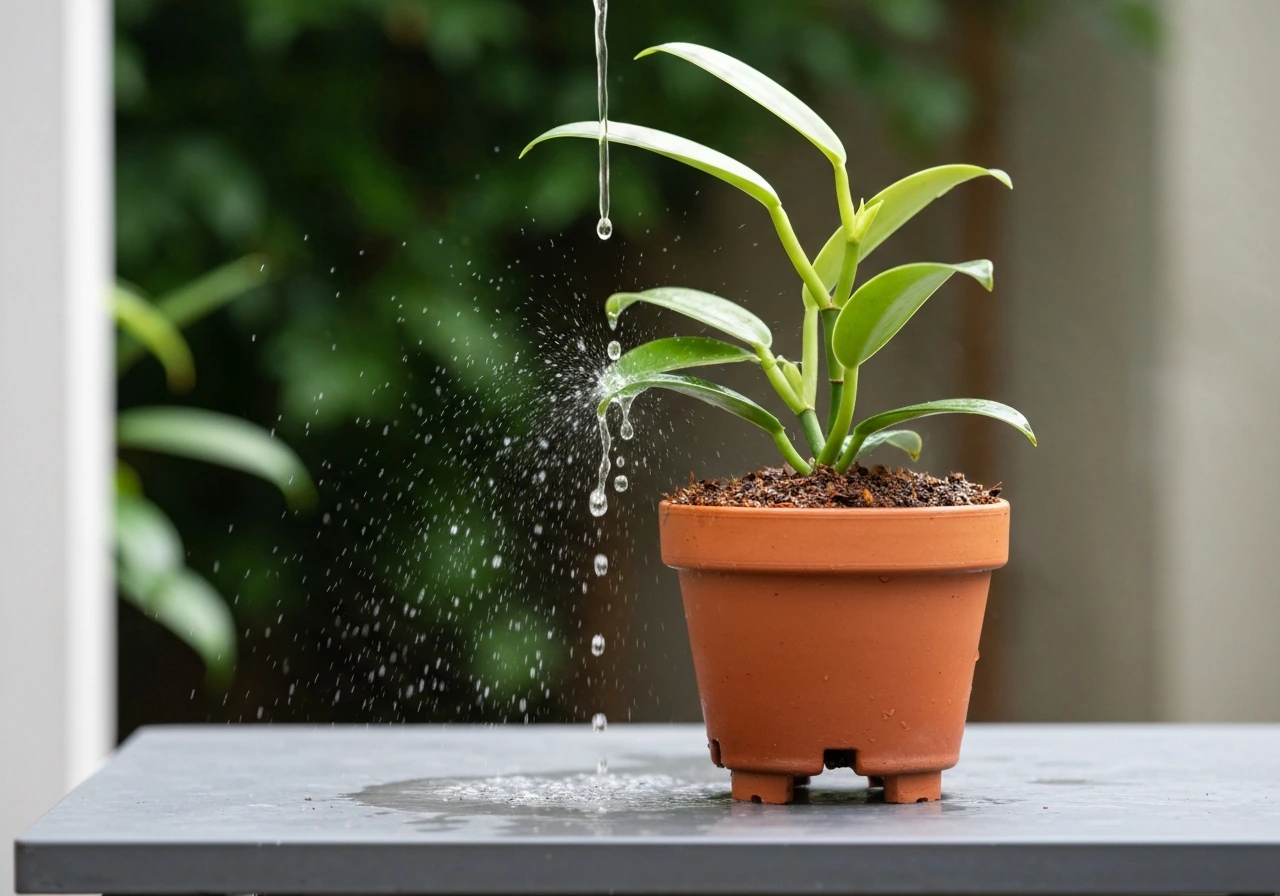 Potted vanilla vine being gently watered with visible drainage and no waterlogging.