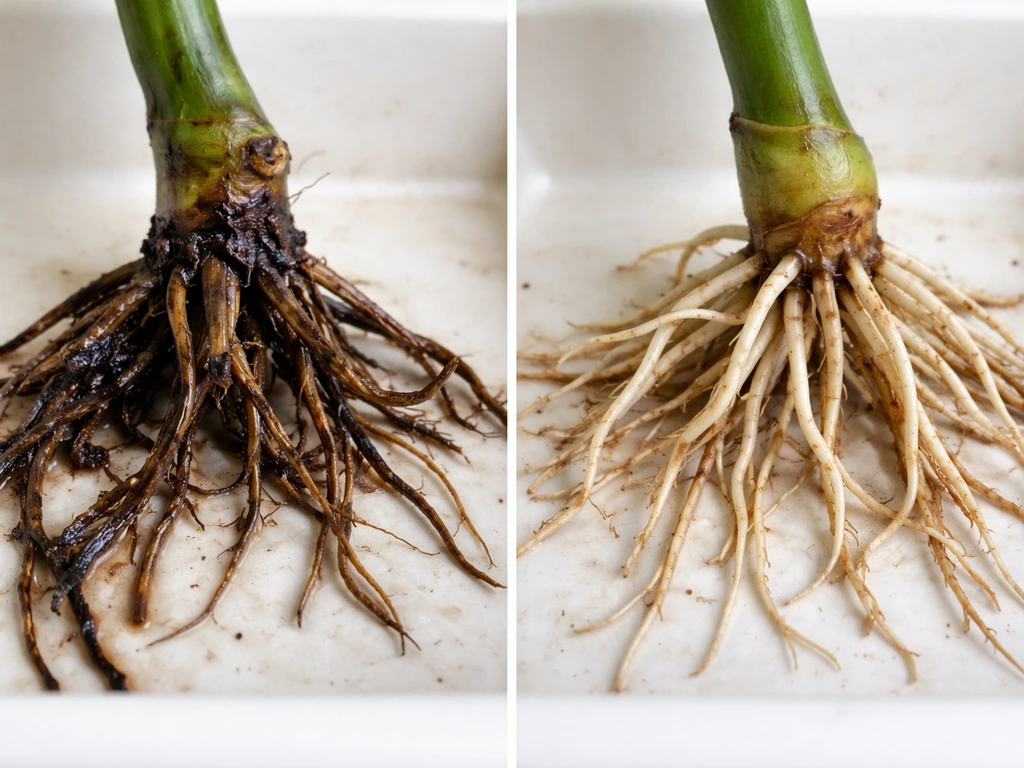 Split close-up of vanilla roots: mushy dark rot on one side, healthy firm roots on the other.