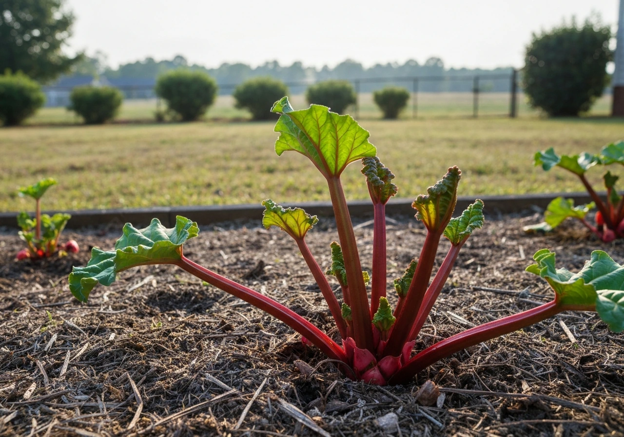Close-up of thick red rhubarb stalks emerging from a mulched bed in a simple Alabama backyard.