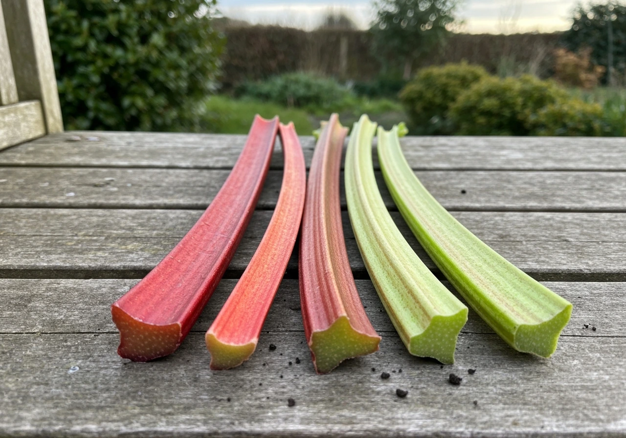 Closeup of several rhubarb stalks on a garden bench showing different red and green varieties