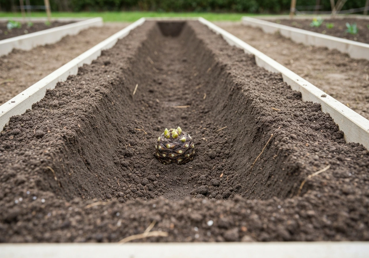 Garden bed cross-section showing dormant crown with buds 1–2 inches under soil in a prepared mound.