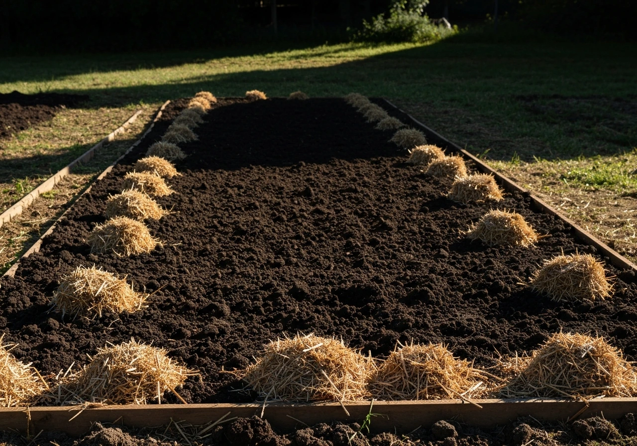 Raised garden bed with rich soil in morning sun, with afternoon shade from nearby trees or structure.