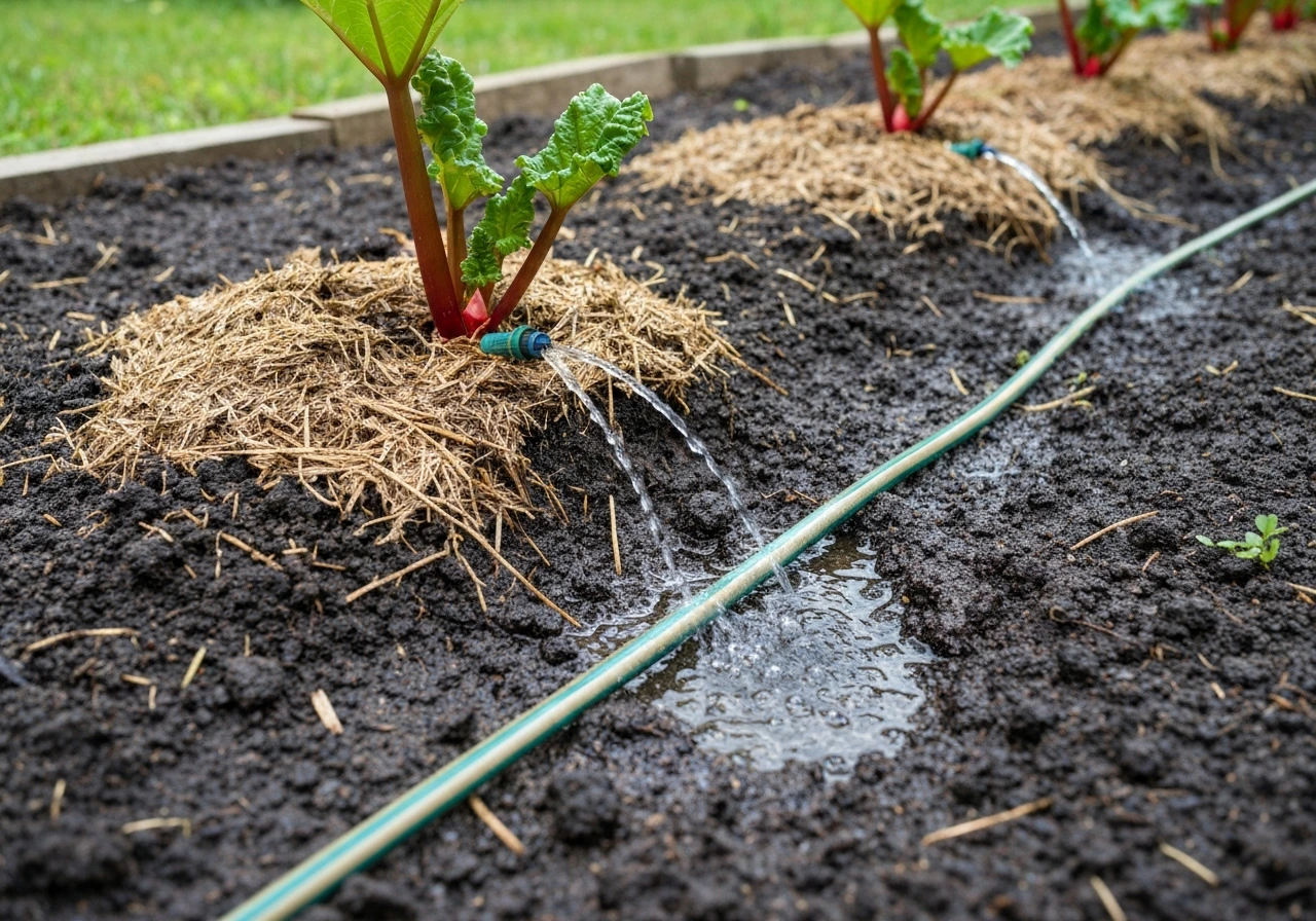 Soaker hose slowly watering rhubarb row, damp soil away from crown, crown area kept dry.