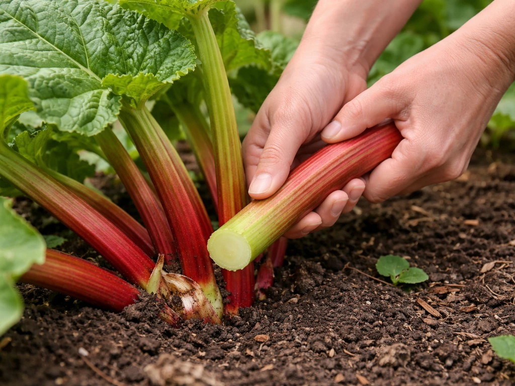 Hand harvesting mature rhubarb stalks from a garden crown, showing cut ends in natural light.