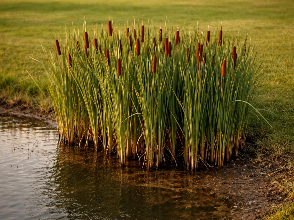 Cattails growing at the edge of a shallow pond beside a yard