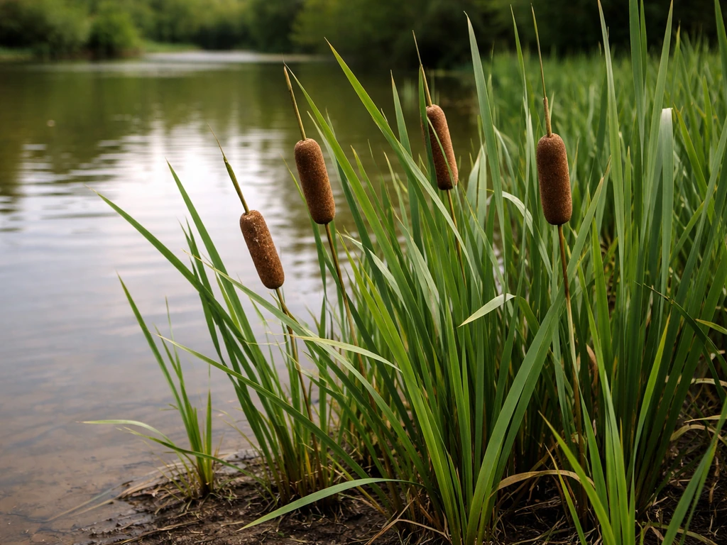 Close-up of broadleaf cattails growing at the edge of a pond, with water softly blurred behind.