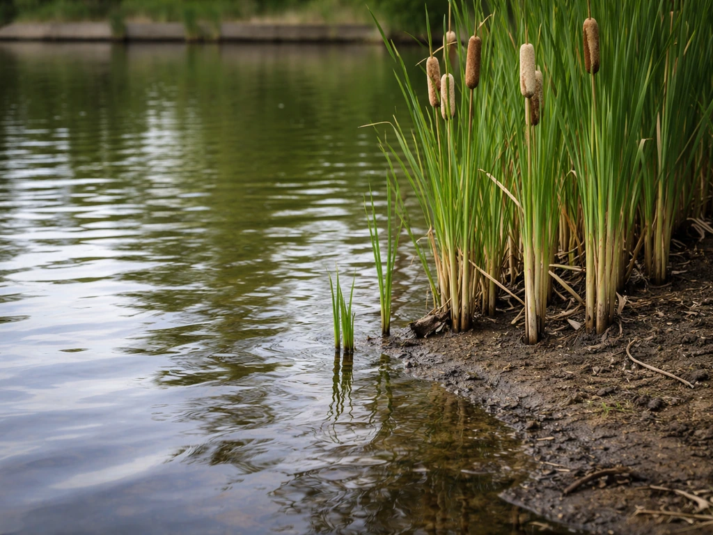 Cattails growing from a shallow shelf at a backyard pond edge with calm water reflections.