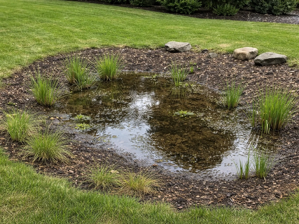 Shallow rain-garden basin with moist soil, small standing water, and native wetland plants.