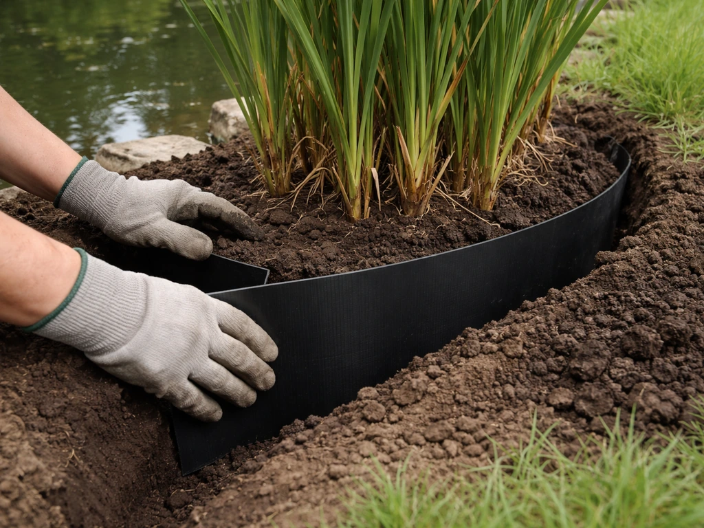 Gloved hands installing a black rhizome barrier trench around cattails to stop their spread.