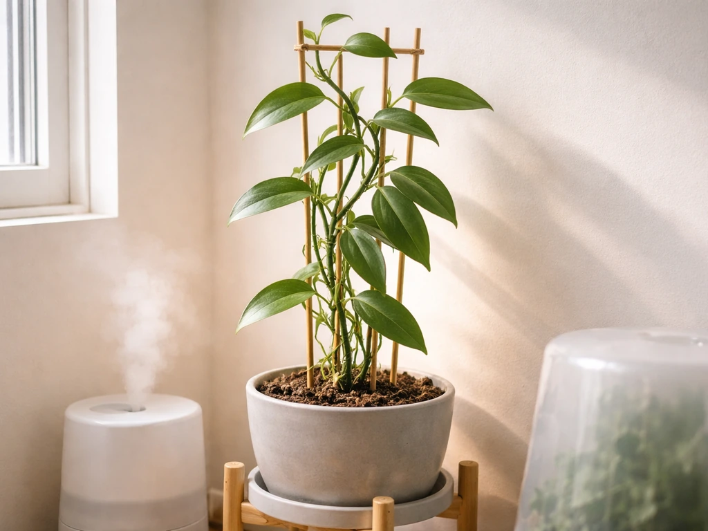 Indoor vanilla planifolia vine climbing a small trellis under humid, bright light in a simple Michigan-style room.